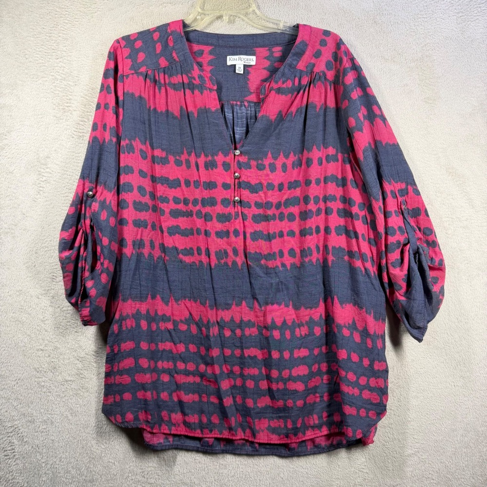 Kim Rogers Tunic Top Women 2X Pink Navy Blue Abstract Roll Tab Sleeve Blouse